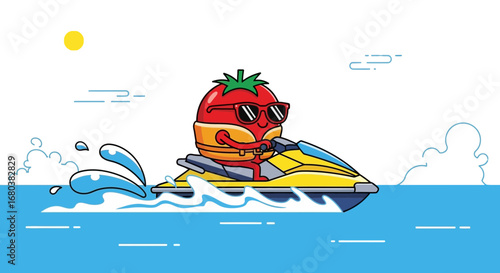 Tomato Character Enjoying Jet Ski Adventure On Blue Water Under Sunny Summer Sky