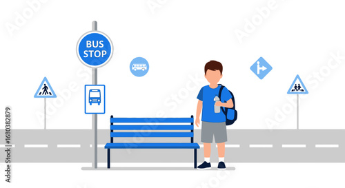 Student Waiting At A Bus Stop With Blue Design And Modern Minimalist Style Scene