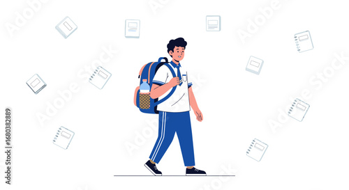 Student Walking To School With Backpack And Notebooks, Vector Illustration, Going To Class
