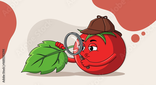 Tomato Detective Investigating, Examining a Leaf with Magnifying Glass, Cartoon Illustration