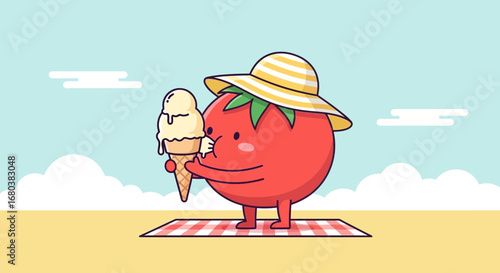 Tomato Enjoying Ice Cream While Sunbathing On A Picnic Blanket During Summertime Fun