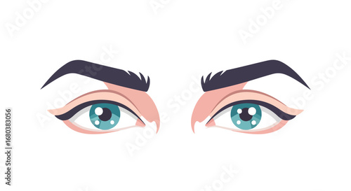 Vibrant teal eyes with dark, stylized brows communicate focused vision with a stylized expression of determination and stylized vector presentation