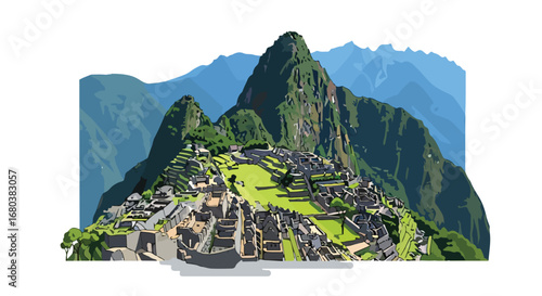 Stylized Vector Illustration of Machu Picchu Citadel in the Andes Mountains Serene and Breathtaking Peruvian Landscape with Ancient Inca Architecture