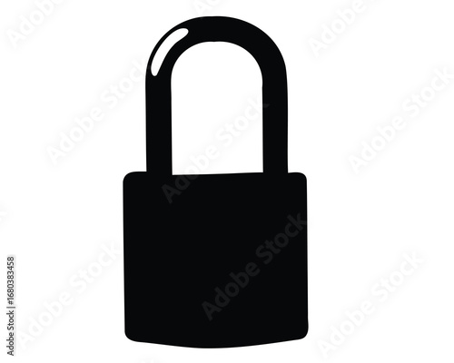 Simple black padlock graphic illustration on plain white background for security concept