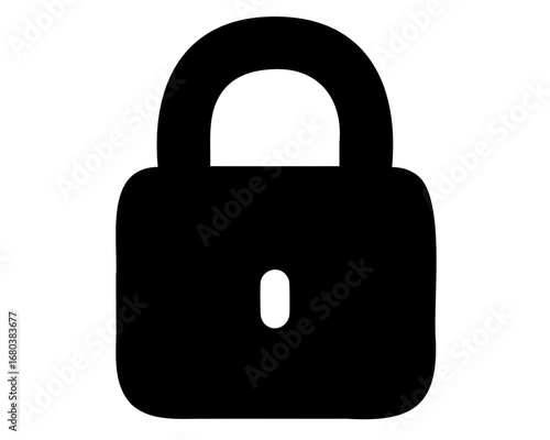 Black padlock illustration with oval keyhole, symbolizing security and protection.