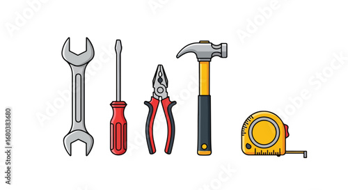 Essential toolkit illustration with wrench, screwdriver, pliers, hammer, and tape measure depicted in a colorful and simple design