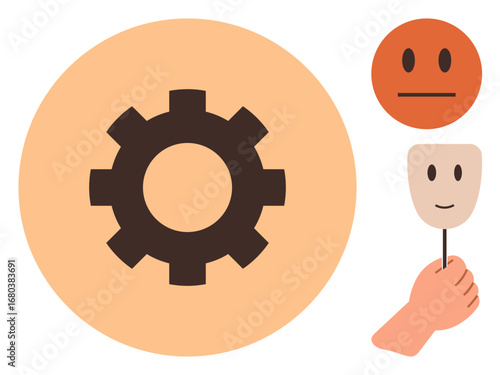 Brown gear for process, orange neutral face, smiling mask held by hand. Ideal for system optimization, emotional intelligence, mental health, teamwork, manufacturing process, human interaction
