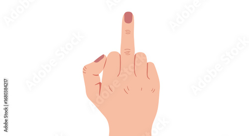 Illustrative gesture expressing discontent with raised middle finger and neutral background graphic representation representing defiance and