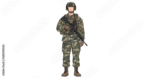 Digital rendering of a soldier standing at attention in camouflage combat gear holding a rifle in front of a white backdrop