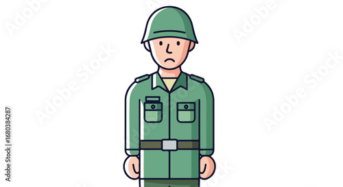 Cartoon Illustration of a Soldier with a Sad Expression Depicting the Emotional Toll of Conflict Representing Serious Reflection on Duty and Sacrifice