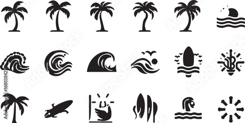 Palm tree beach icons collection – tropical holiday vector, seaside vacation symbol, travel design pack, summer palm tree, island beach graphic, holiday logo, exotic travel element, cartoon palm illus