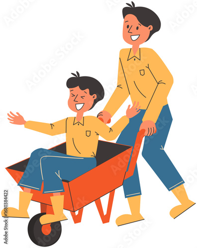 Father and Son Playing in Wheelbarrow