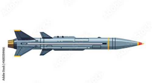 Stylized illustration of a gray and blue missile with aerodynamic design and yellow details, isolated on white backround symbolizing military