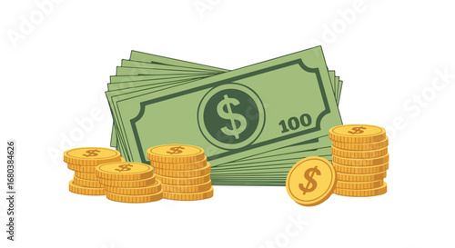 Stylized illustration showcasing wealth accumulation through stacked banknotes and coins symbolizing financial prosperity and economic growth