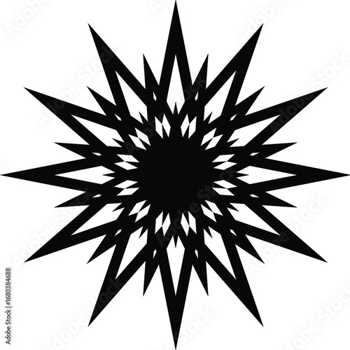 Radiating starburst with multiple sharp pointed edges in bold black shape