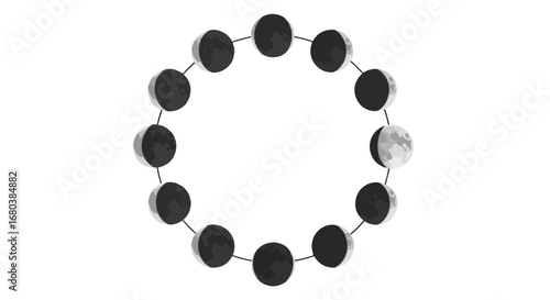 Lunar Cycle Depiction: A Celestial Progression of Phases in a Circular Arrangement on White Backdrop