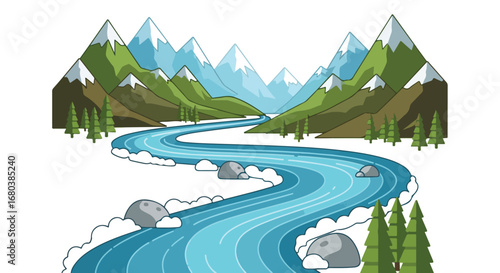 Serene cartoon river flowing between majestic mountains and vibrant green forests illustration
