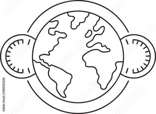 World globe with time clocks, representing geography, travel, and international time zones in a simple and artistic line art style