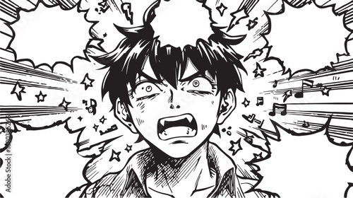 Angry Manga Character – Scream, Shout, Rage, Stress, Shock, Black and White, Comic, Cartoon, Drawing, Illustration, Anime Face