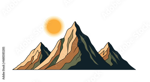 Mountainous Landscape with a Radiant Sun and Serene Peaks Evoking Adventure and Tranquility in the Outdoors Isolated in Minimalist Design