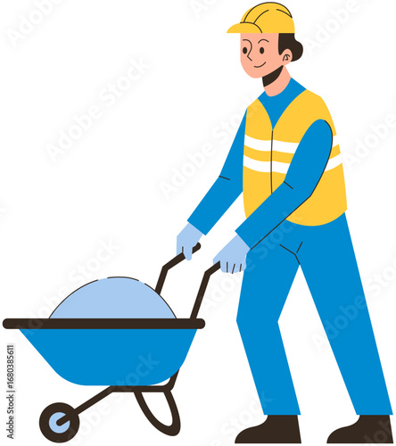 Builder carrying Cement Wheelbarrow