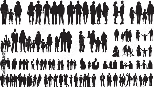 Group of People Silhouettes – Crowd, Human, Character, Society, Team, Standing, Male, Female, Illustration, Black and White, Figures