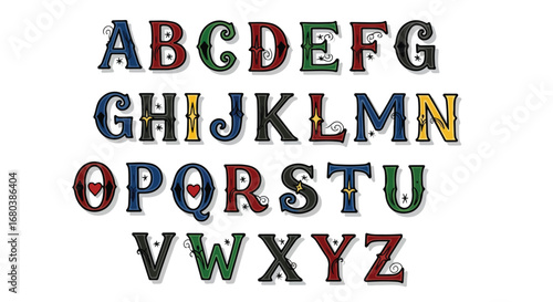 Whimsical Alphabetical Set with Decorative Elements: A Bold Display of Colorful Vintage-Style Lettering for Designs and Creative Applications