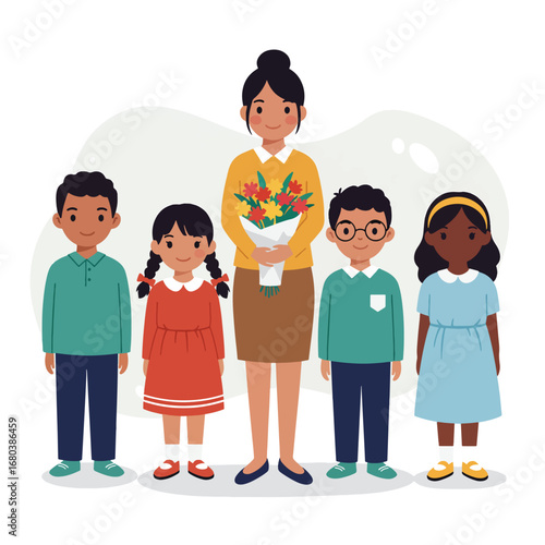Diverse Group of Children with Teacher Holding Flowers.