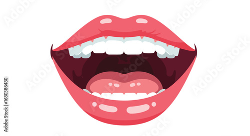 Illustration of an open mouth with healthy teeth, pink lips and visible tongue representing oral hygiene and dental health awareness
