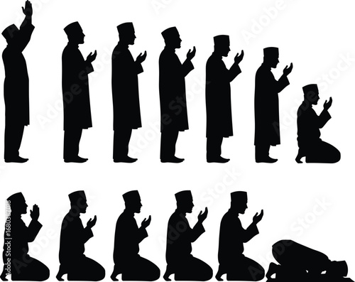 Silhouette illustration showing complete sequence of Islamic Salah prayer steps performed by Muslim men with devotion and concentration in worship