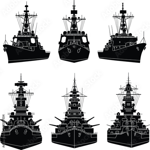 Set of Warship and Battleship Front View Silhouettes – Military Navy Vessel Vector Illustration for Defense, Maritime, and Strategy Themes