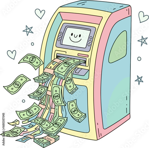 Happy ATM dispensing a cheerful cascade of dollar bills AI/EPS/PNG/JPEG