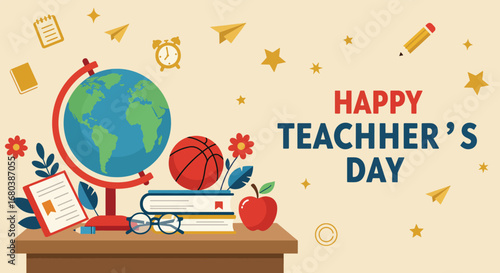 Happy Teachers Day Celebration with School Supplies.