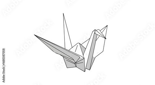 A precisely folded origami crane, rendered in monochrome on a stark white background with clean lines and geometric precision offering minimalist