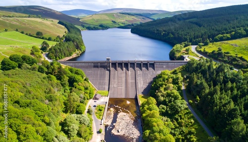 High-angle view of a dam and reservoir nestled in a valley, surrounded by lush greenery