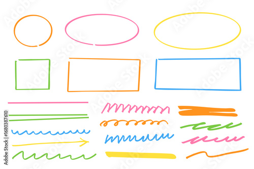手書き風のカラフルな図形とラインセット イラスト素材 コミック風の装飾やデザインに使えるシンプルで便利な手描き要素