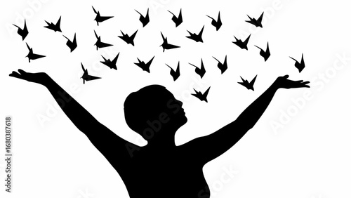 Silhouette of a person with arms raised releasing origami birds into the air in a black and white design