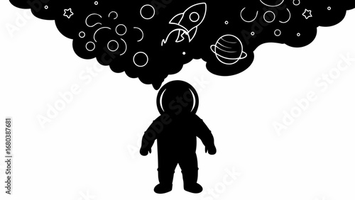 Silhouette of an astronaut dreaming of space travel with rocket planet and stars in a thought cloud above
