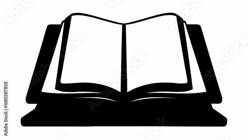 Illustration of an open book with blank pages displayed on a stand in black and white style image view silhouette