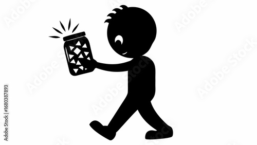 Silhouette of a person walking while holding a jar filled with triangles and emanating light rays
