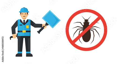 Pest control service illustration, a professional exterminator with a hammer facing a big forbidding sign for insects pest control management vector