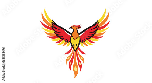 Majestic phoenix with outstretched wings, symbolizing transformation and renewal, set against a stark white backdrop for emphasis and clarity