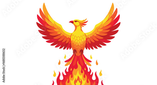 Vibrant phoenix illustration, radiating warmth and power, rising from flames on a clean white background, depicting transformation and hope