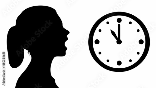 Silhouette of a woman yelling next to a clock showing eleven o clock in black and white illustration