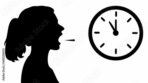 Silhouette of a woman with open mouth and a clock showing almost twelve o clock in black and white style