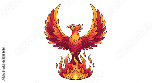 Cartoon style fiery phoenix rising from flames, isolated on white background, fantasy bird with outstretched wings in vibrant orange and red tones