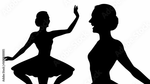 Silhouette of two ballerinas in elegant poses performing a graceful dance on a white background stage