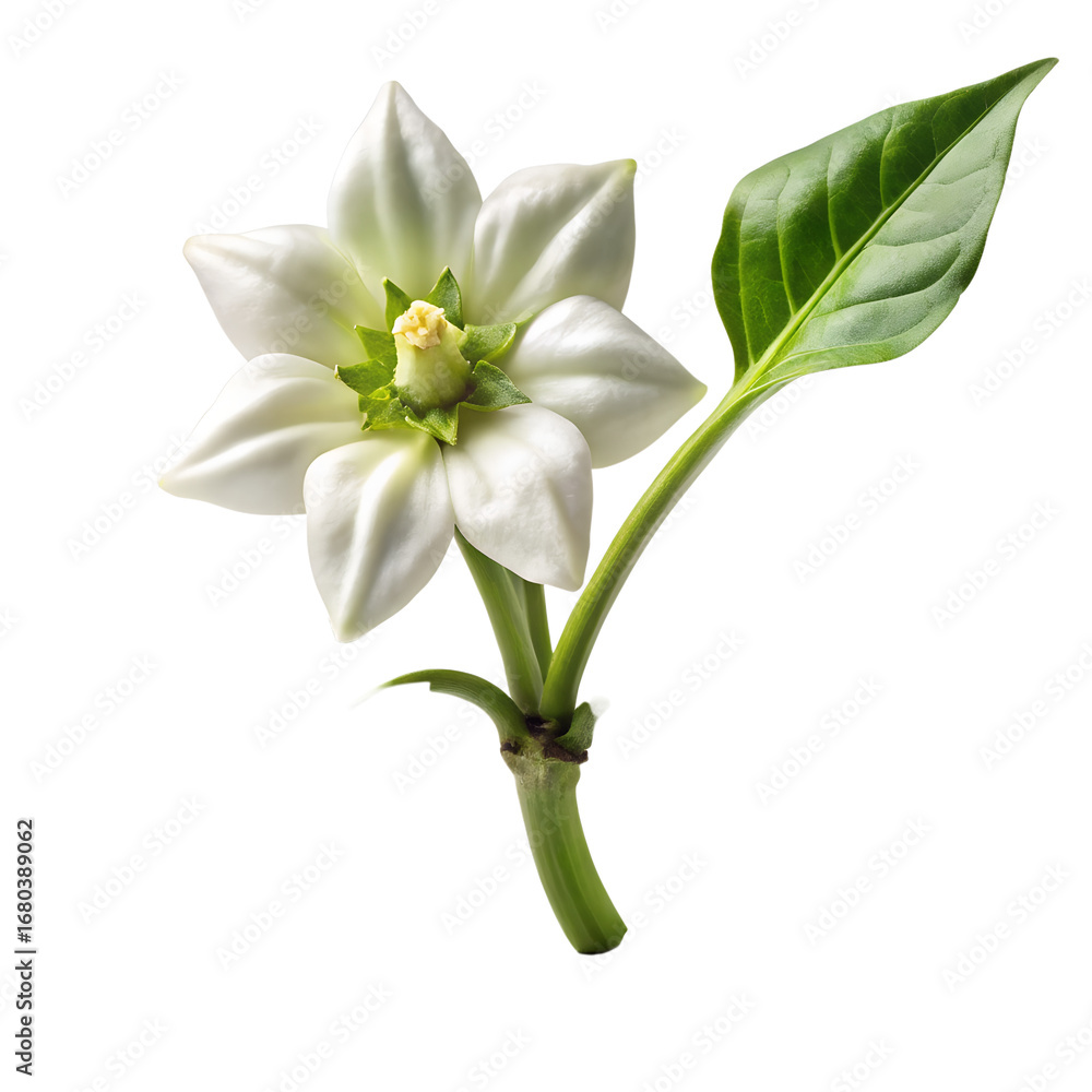 Fototapeta premium A vibrant red bell pepper with green leaves and a small white flower, isolated on a transparent background