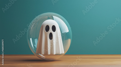 Halloween popart funny cartoon ghost in glass bubble floats over wooden table playful minimal style teal background modern mood