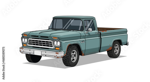 Vintage Style: Teal Pickup Truck Illustration Showcasing Automotive Nostalgia and Classic Design elements with detailed rendering and simplified
